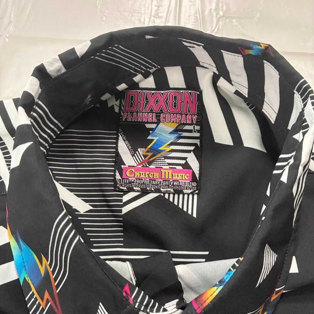 Dixxon Shirt Mens Large Black Church Music Geometric Lightning Button Front - Picture 3 of 9